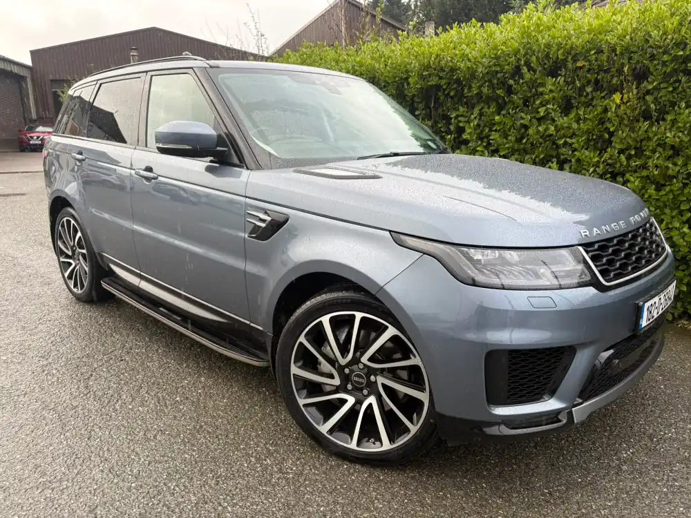 Blue-grey Range Rover Sport, front three-quarter view, at RS Motors, Clonakilty